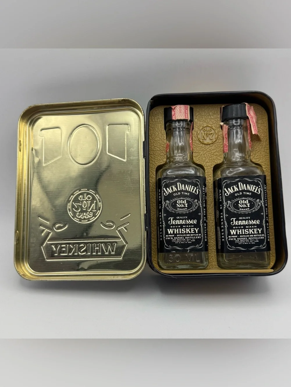 Vintage Jack Daniel’s Old No. 7 Collectible Tin w/ 2 EMPTY 50ml Bottles England